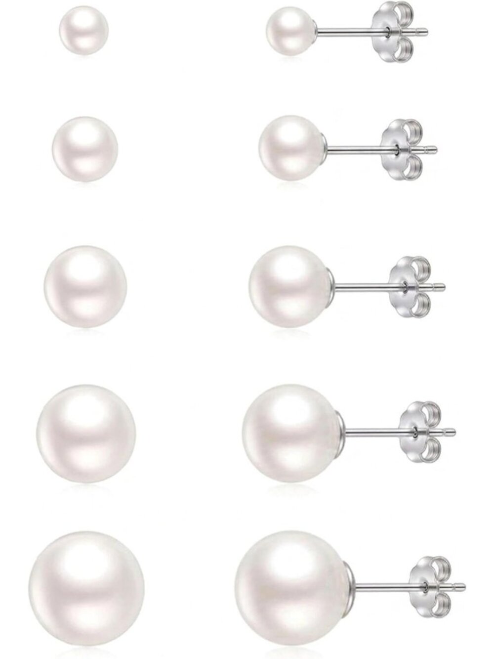 Elegant 14K Gold Silver Plated Pearl Stud Earrings - 5 Pairs for Women, 3-7MM